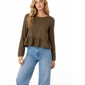 NWT Copper Key Olive Long Sleeve Peplum Top Size L Crinkle Cotton Fabric Soft